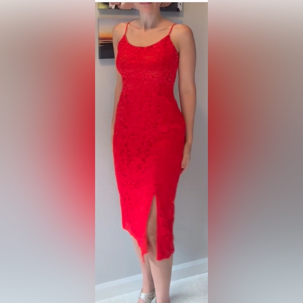 Sam Edelman Red Lace Midi Fitted Sheath Dress with Modest Slit